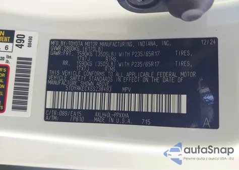 2025 Toyota Sienna Xle 8 Passenger z USA, uszkodzony, nr VIN 5TDYRKECXSS238493